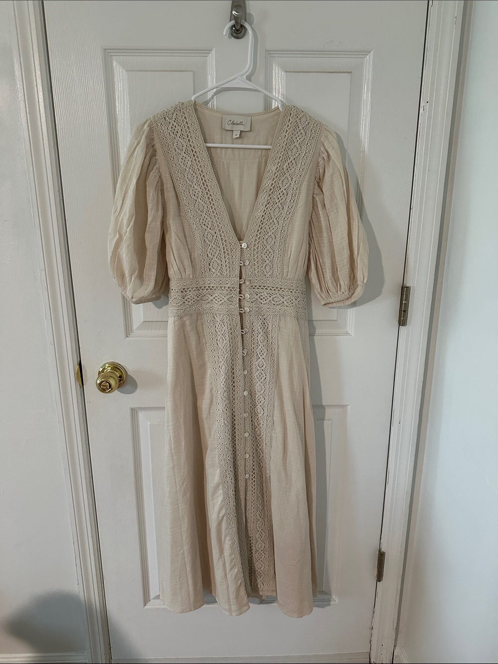 Cleobella Cream Lace-Trim Midi Dress with Puff Sleeves